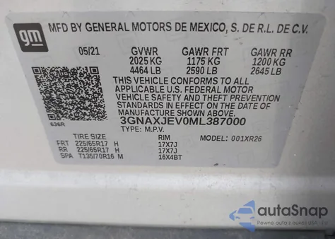 2021 Chevrolet Equinox Fwd 2Fl из США, поврежденный, VIN 3GNAXJEV0ML387000